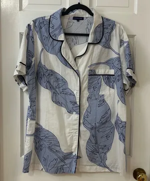 Katie Kime Pajama Top Sz XL Blue 100% Cotton Banana Leaf Tropical Chic‎ Coastal thumbnail 1