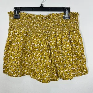 Aerie Smocked Waist Floral Flowy Shorts Women's Size L Mustard Yellow White Boho thumbnail 7