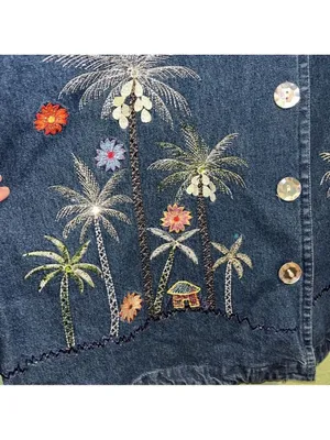 NEW Vintage Blue Jean Jacket Embroidered Palm Trees tropical resort cruise vacay thumbnail 5