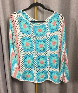 POL Womens Crochet Granny Square Floral Sweater Top Blue‎ Pink GST179 Medium thumbnail 1