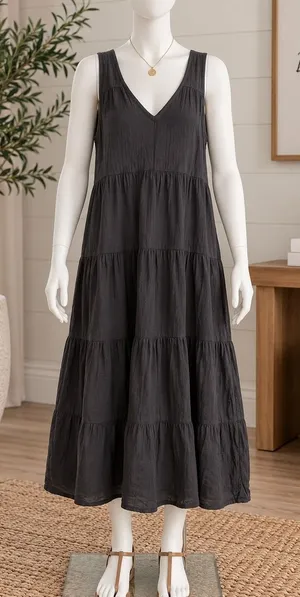 Quince Womens Dress Sleeveless V-Neck Tiered Gauze Charcoal Gray Small thumbnail 1