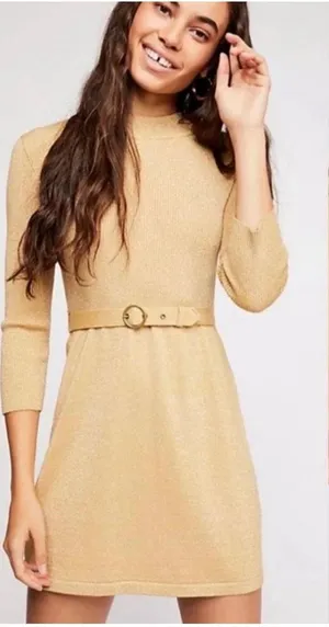 Free People French Girl Gold Metallic Belt mini dress M Glam Holiday Retro Chic thumbnail 1