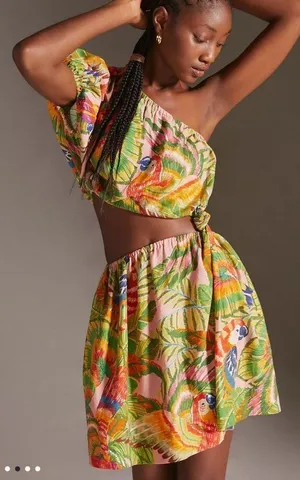 Farm Rio One-Shoulder Mini Dress Macaw Leaves thumbnail 2