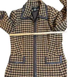 Peck & Peck Houndstooth Wool‎ Blend Zip Jacket Brown Tan Faux Leather Trim Sz 12 thumbnail 9