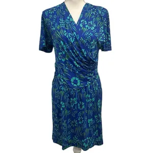 VTG 70s Bessi Firenze Blue Green Floral Silk Faux Wrap Surplice‎ Dress Mod Small thumbnail 3