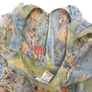 Y2K Silk Floral Ruffle Blouse Fairycore Sheer Top thumbnail 8