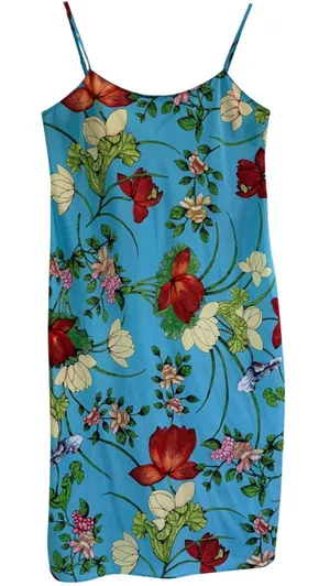 Natori Floral Satin Slip Midi Dress Womens Medium Blue Chemise Nightgown‎ thumbnail 1