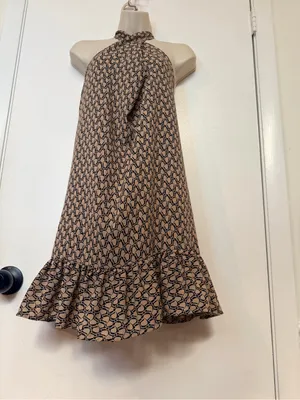 EMERY ROSE Size S Halter Mini Dress Beige Black Geometric Print Ruffle Hem thumbnail 7