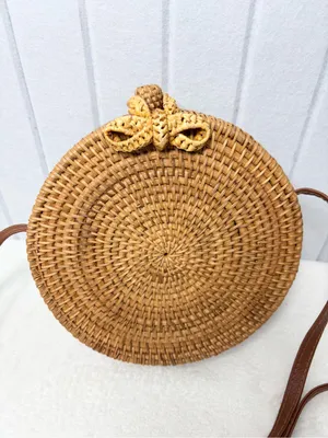 Straw Purse Handbag Summer‎ Beige Natural Handwoven Classic Wicker Rattan thumbnail 2