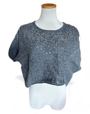 Womens Free People Oversized Stardust Sequin Batwing Gray Wool Sweater - L XL thumbnail 1