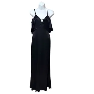 Ali & Jay Black Satin Cold Shoulder Flutter Sleeve V-Neck Maxi Gown Dress thumbnail 3