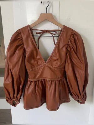 Staud Luna Vegan Leather Peplum Top - Whisky Brown thumbnail 3