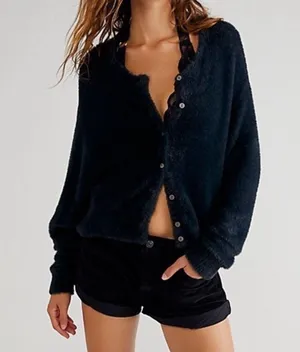 Free People NWT WYATT CARDI SOFT FUZZY BUTTON FRONT CARDIGAN Black. Size Medium thumbnail 1