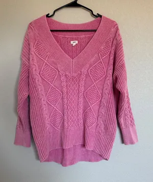 Aerie Womens Pink Cable Knit V-Neck Sweater 100% Cotton Relaxed Fit Small Fall thumbnail 1
