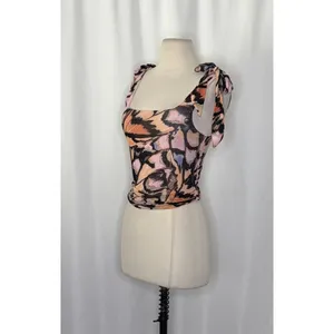FREE PEOPLE‎ Avenue Tank Top Tie Shoulders Scoop Neck Pink Combo Retro Medium thumbnail 6