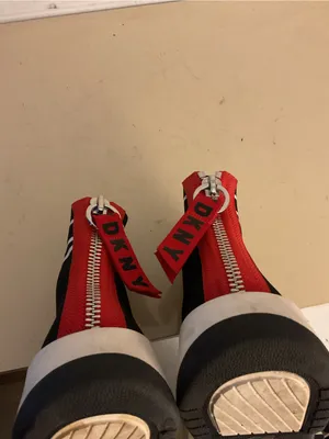 DKNY women Black Knit High-Top Sneakers with Red Heel Zip platform sneakers US 9 thumbnail 11