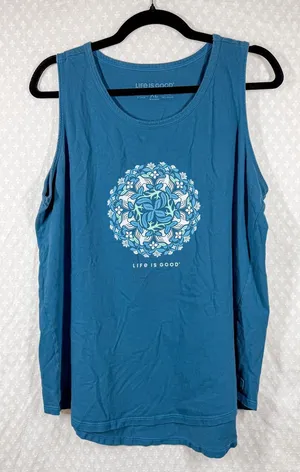 Life Is Good Blue Floral Bird Graphic Print Crusher Tank Top thumbnail 1