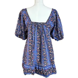 Free People Retro 70s Bohemian Vintage Lover Blouse Dutch Blue Combo Medium thumbnail 5