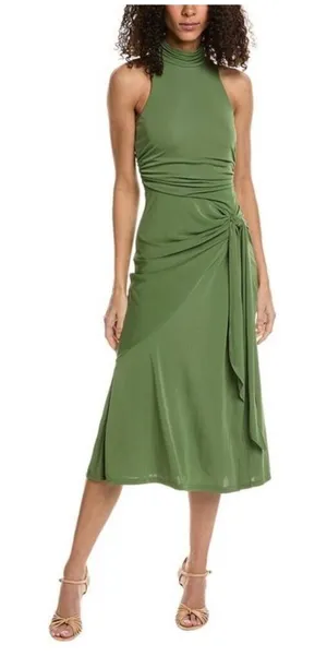 Olive Green Mock Neck Ruched Side Tie Midi Dress Sleeveless Mermaid Hem thumbnail 1