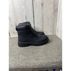 Womens Sz 7 Black Faux Fur-Lined Boots Side Zipper & Lace-Up Emo Goth Grunge thumbnail 2