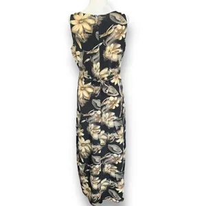 Vintage 90s Maxi Dress Black Tropical‎ Dark Floral Brown Sleeveless Bow Detail thumbnail 8