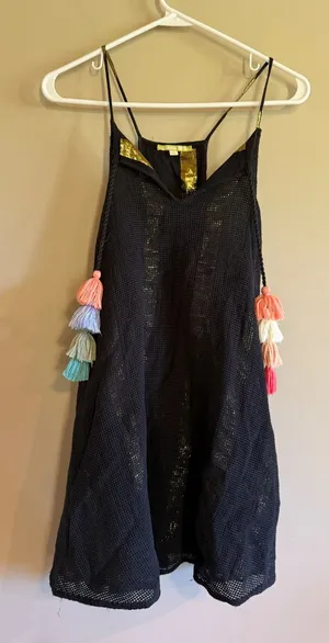 Gianni Bini Black Mesh Tassel Swim Cover‎ Up Dress Gold Metallic Small thumbnail 1