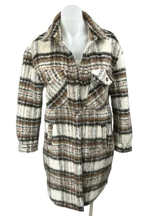 BlankNYC Brown Faux Fur Plaid Checkered Long Sleeve Button Coat Sweater Jacket M thumbnail 1