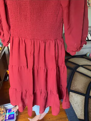 Smocked Midi Dress in Deep Red with Puff Sleeves thumbnail 7
