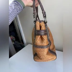 Vtg Fossil Raffia & Brown Leather Braided Handles Boho Spring Satchel thumbnail 4