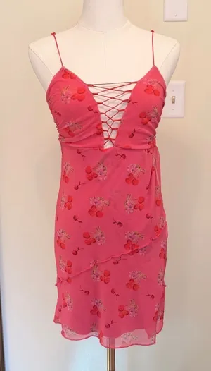 Urban Outfitters pink cherry pattern lace deep neckline slip dress thumbnail 1