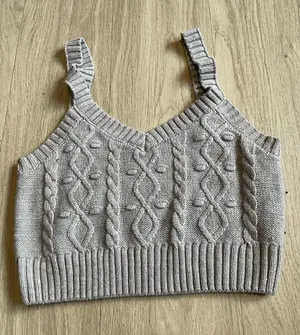 Cable Knit Crop Tank Top in Light Gray Size L thumbnail 1