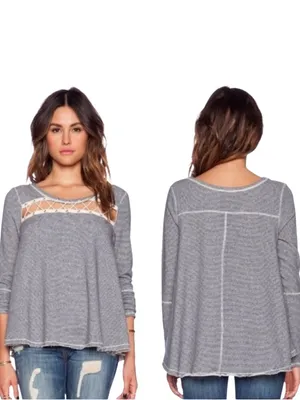 Free People grey and blue striped flowy long sleeve top thumbnail 2