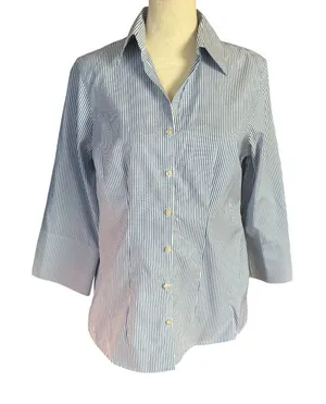 Lands' End pinpoint oxford blue and white stripe button down collared shirt 6 thumbnail 1