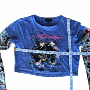 Ed Hardy Vibrant Blue Panther Graphic Crop Top With Mesh Tattoo Sleeves Large thumbnail 5