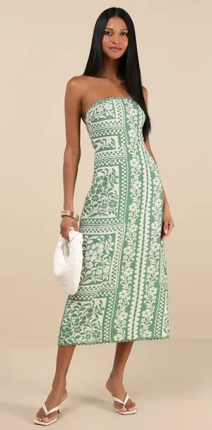 NWT Lulus Brigita Green Floral Strapless Column Midi Dress Resort Cruise Size XS thumbnail 1