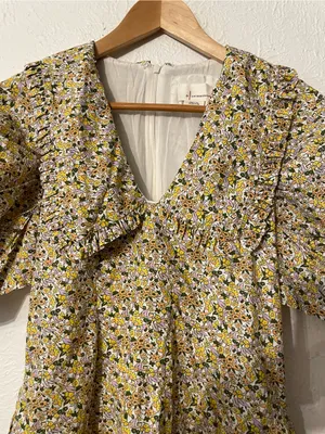 Anthropologie Yellow Floral Mini Dress Ruffle Short Sleeve Collared Printed SZ 4 thumbnail 5