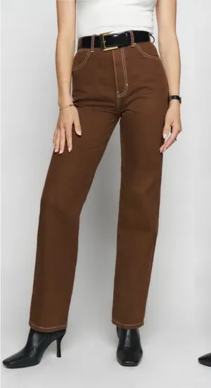 Reformation • Cowboy Straight Chocolate Wash Jeans with White Stitching thumbnail 1
