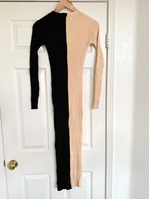 STAUD Shoko Two Tone Ribbed Button Down Midi Dress Colorblock Cream tan Black XS thumbnail 8