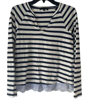 Sanctuary Women's Size Small Striped Navy Cottage Long Sleeve Lace Hem‎ Top thumbnail 1