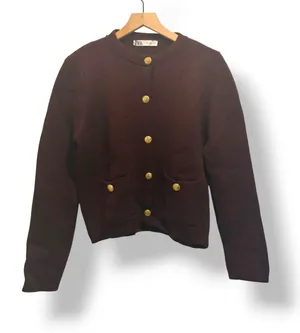 Zara Burgundy Maroon Gold Button Cardigan Sweater Size L NWT Quiet Luxury thumbnail 1