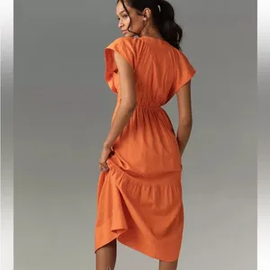 Anthropologie Orange Flutter Sleeve Button Front Midi Dress XS thumbnail 2