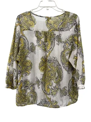 Ann Taylor Paisley Blouse Womens L Yellow Gray Sheer Used thumbnail 2