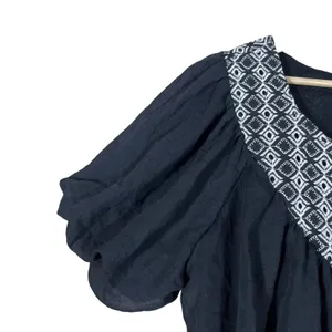 Life Embroidered Geometric Peasant Crop Top Black Boho Puff Sleeve Size L thumbnail 3
