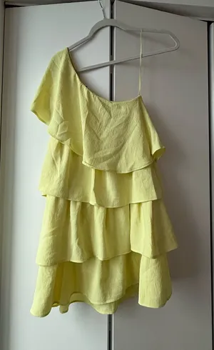 Zara One-Shoulder Layered Ruffle Dress in Lemon Yellow thumbnail 1