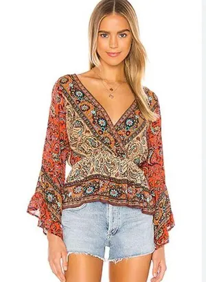 Free People Rosalie Wrap Top long sleeve asymmetric indie hippie festival floral thumbnail 1