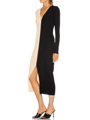STAUD Shoko Two Tone Ribbed Button Down Midi Dress Colorblock Cream tan Black XS thumbnail 4
