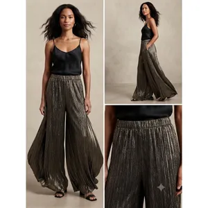 Zara Pants Women Small‎ Gold Wide Leg Pleated Metallic High Waist Party Holiday thumbnail 2