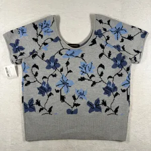 Club Monaco Women Floral Jacquard Wool Knit Tee Grey Blue Short Sleeve Large L thumbnail 1
