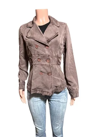Women's long sleeve double-breasted brown Tencel blazer jacket M thumbnail 2
