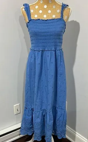 Betsey Johnson Federal Blue Smocked Embroidered Eyelet Midi Dress Sz Large thumbnail 1